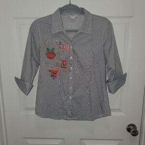 Gray and Red Button Down Shirt with Embroidery